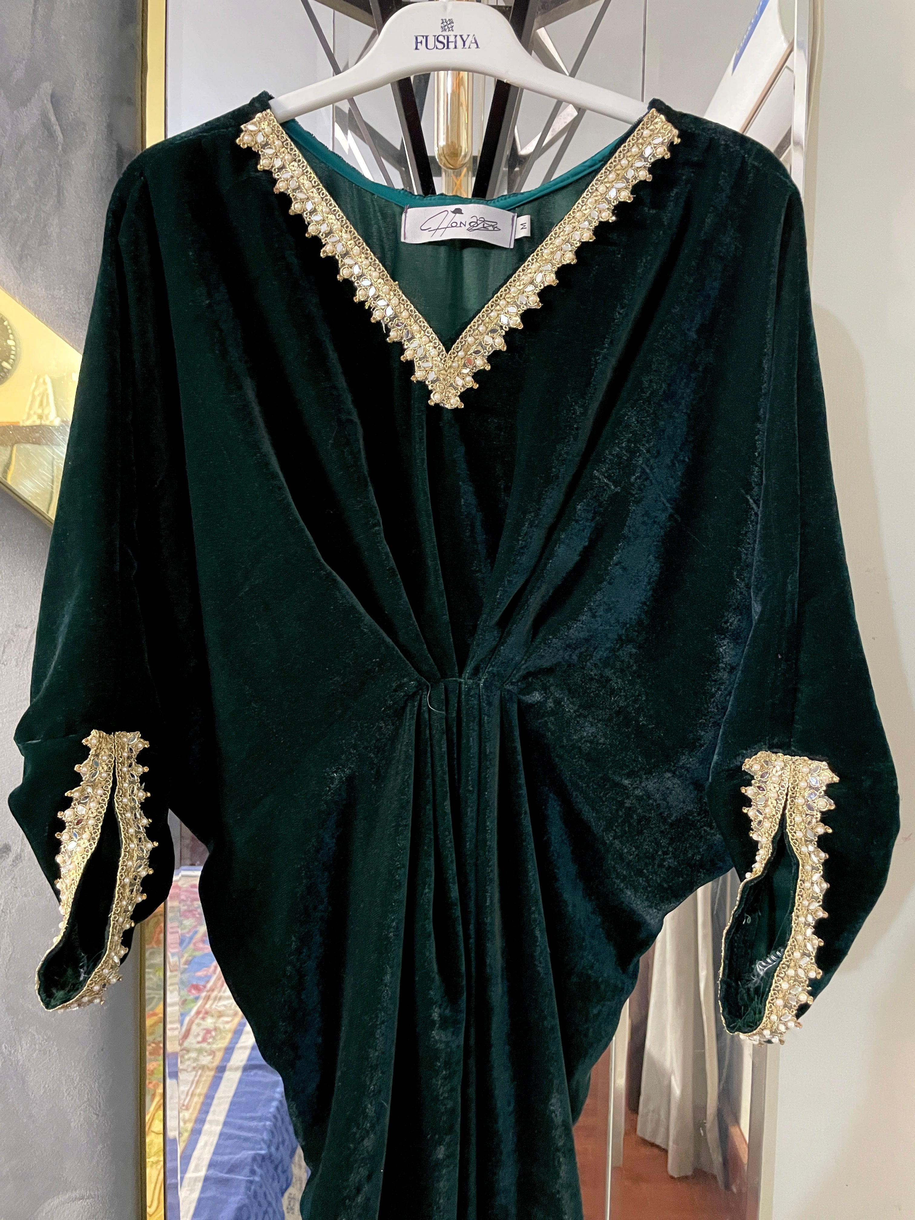 Embroidered Velvet Bottle Green Kaftan