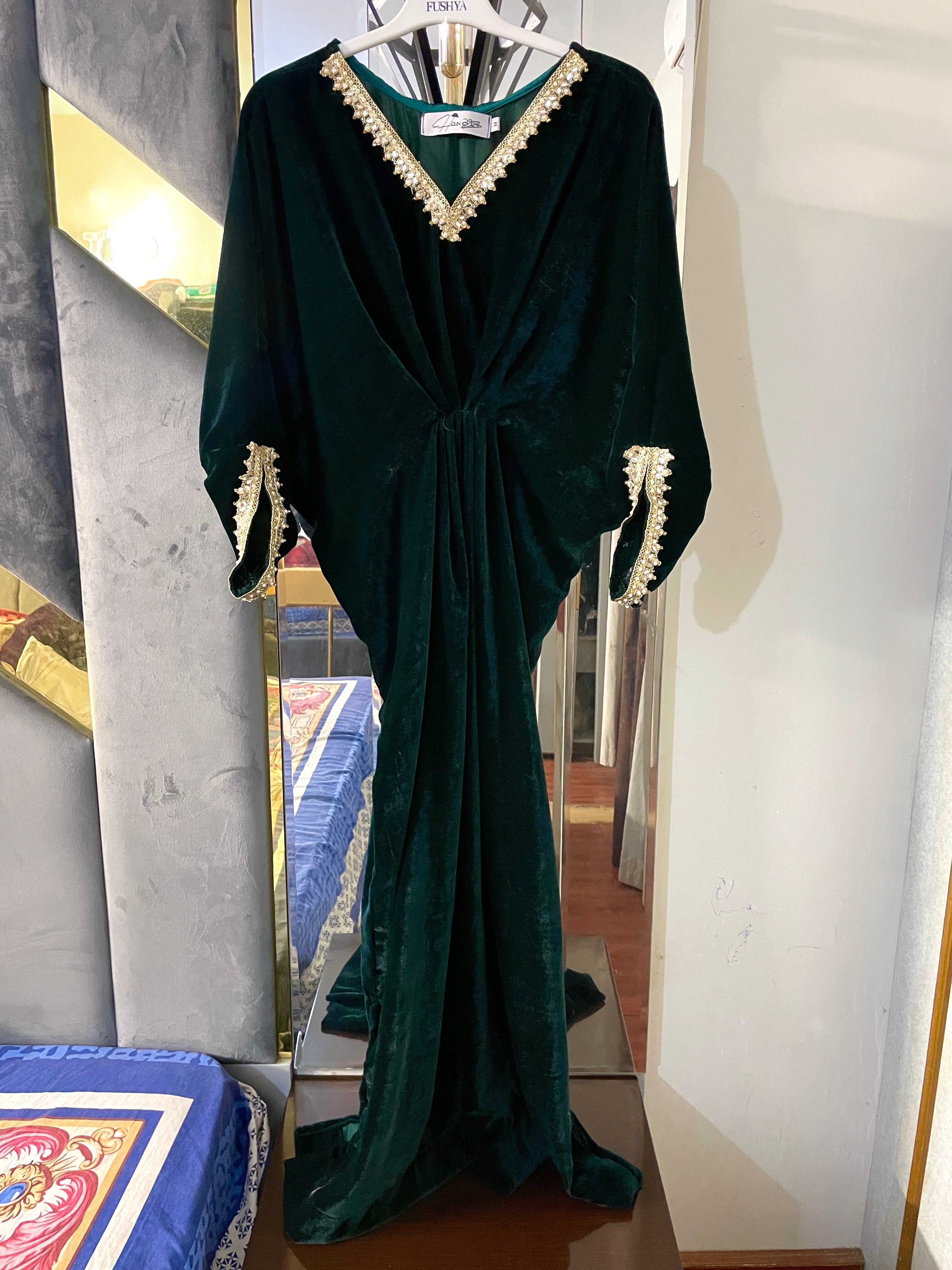 Embroidered Velvet Bottle Green Kaftan