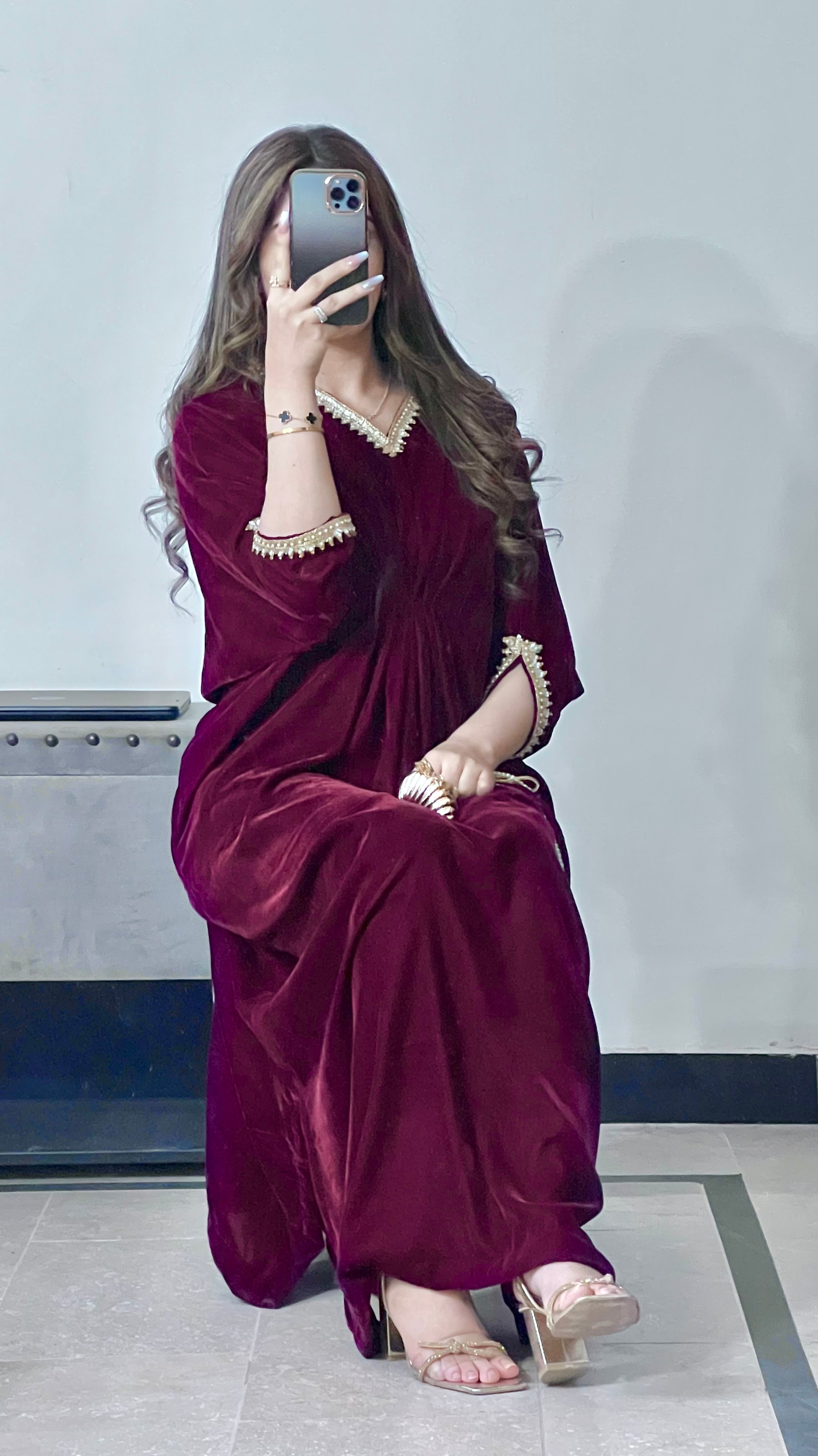 Embroidered Velvet Maroon Kaftan