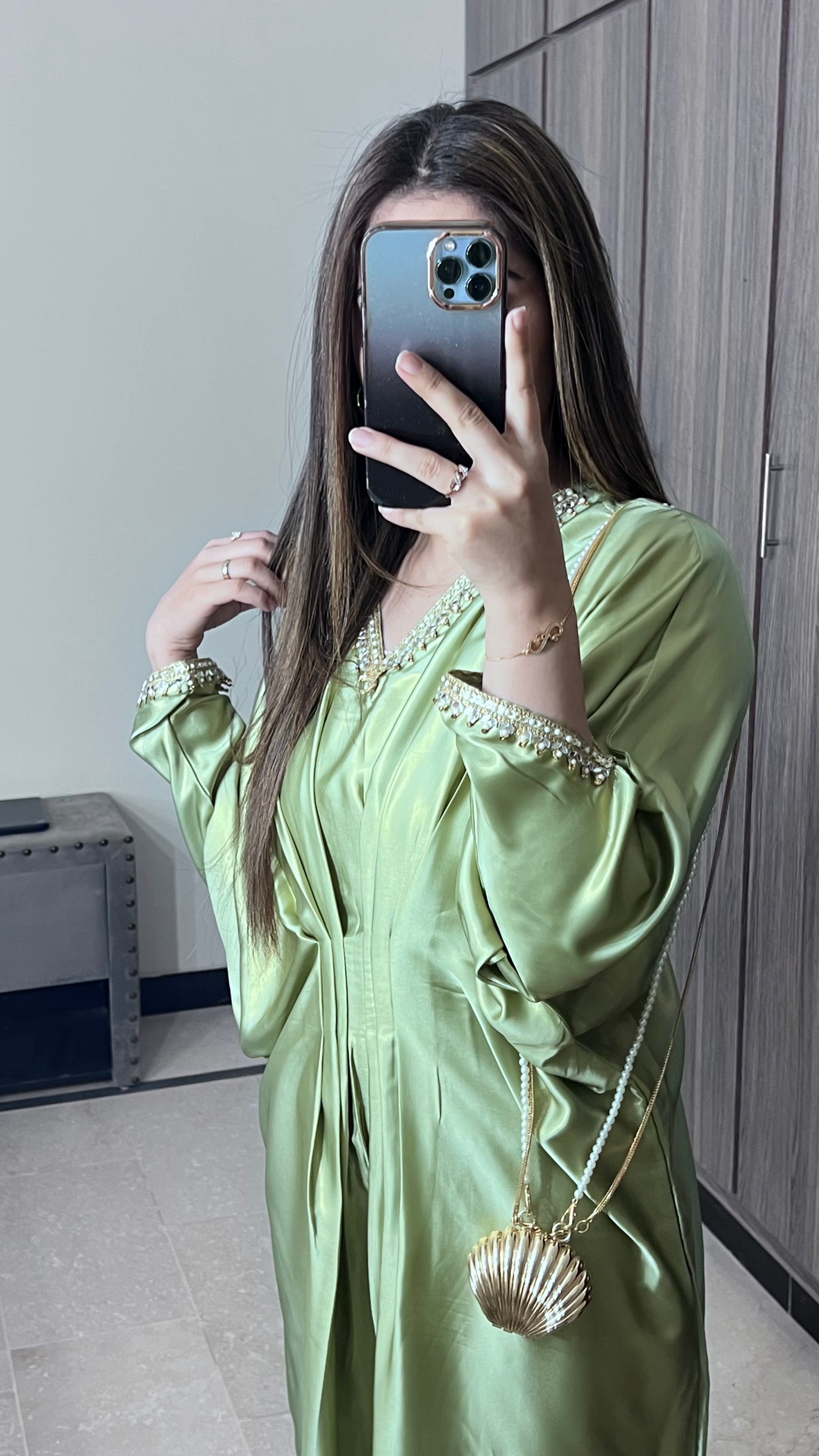 Embroidered Shimmer Silk Green Kaftan