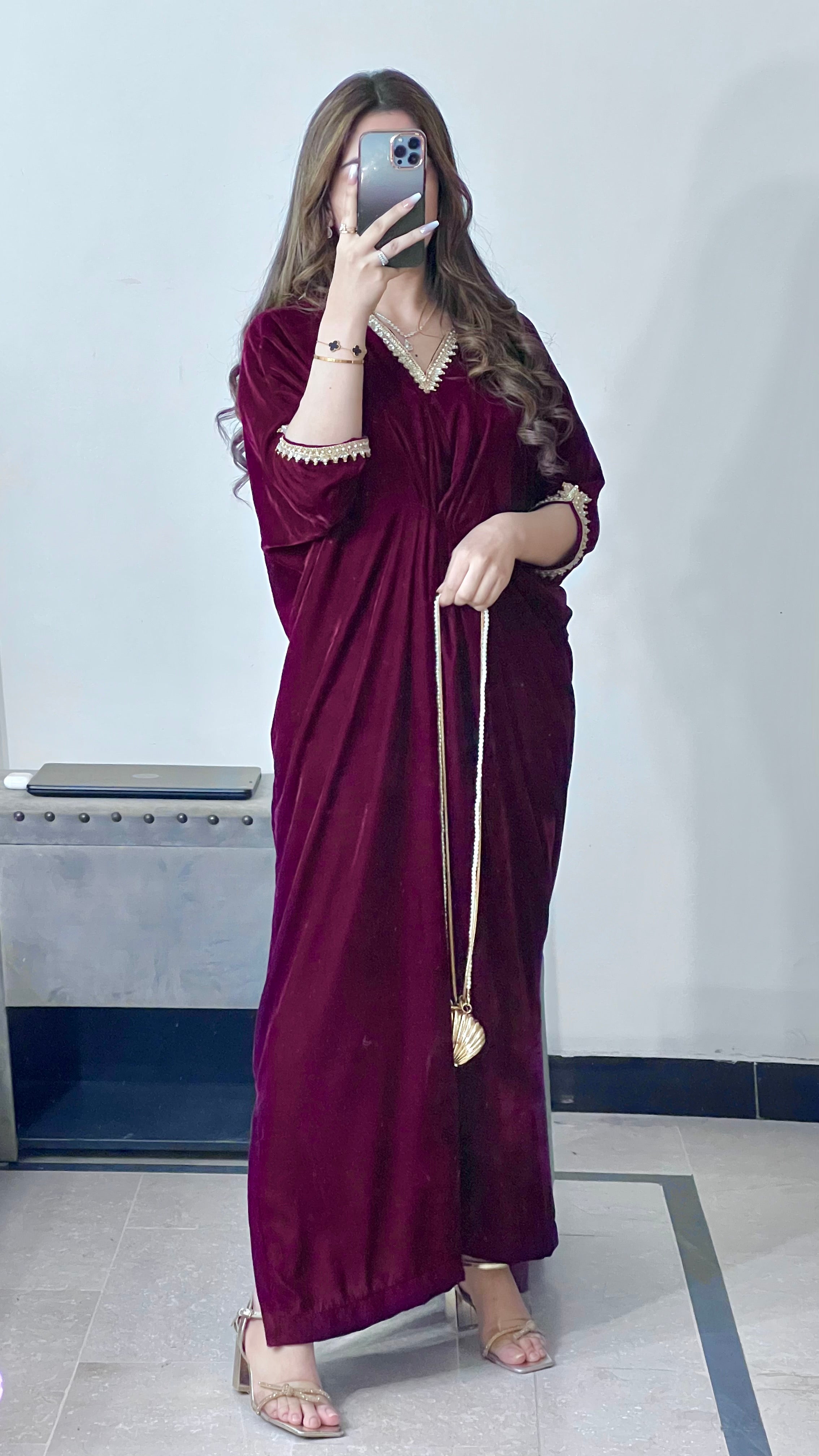 Embroidered Velvet Maroon Kaftan