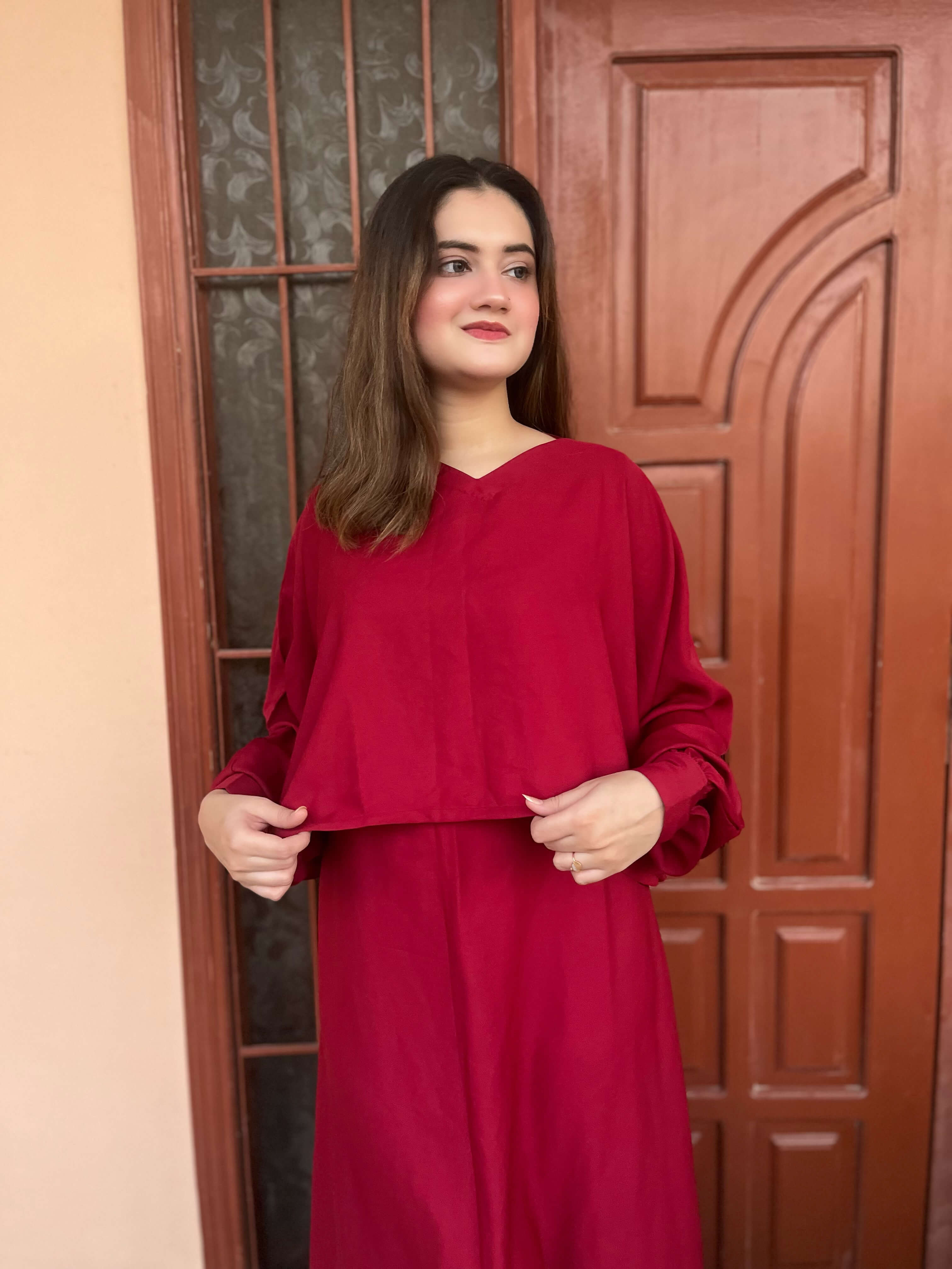 Maroon Crepe Skirt Dress